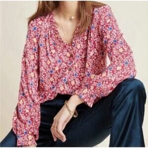 Maeve Anthropolgie Marisol Ruffle Blouse Women's Size 6 Viscose Button Down Red